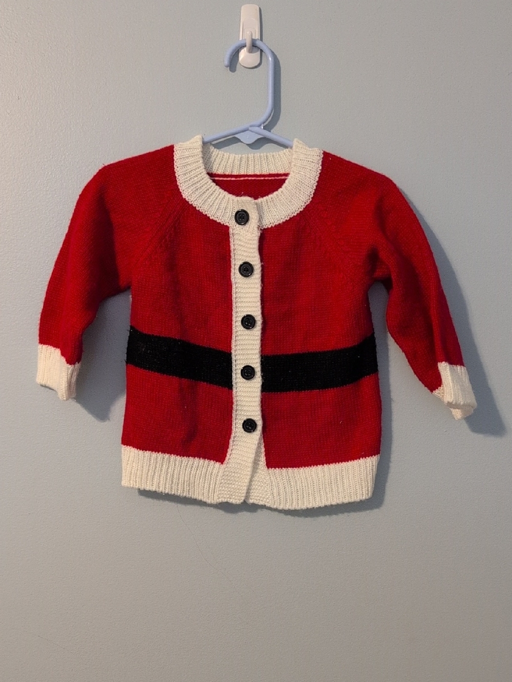 Kids Red Cardigan with Cream Trim and Black Waist Stripe